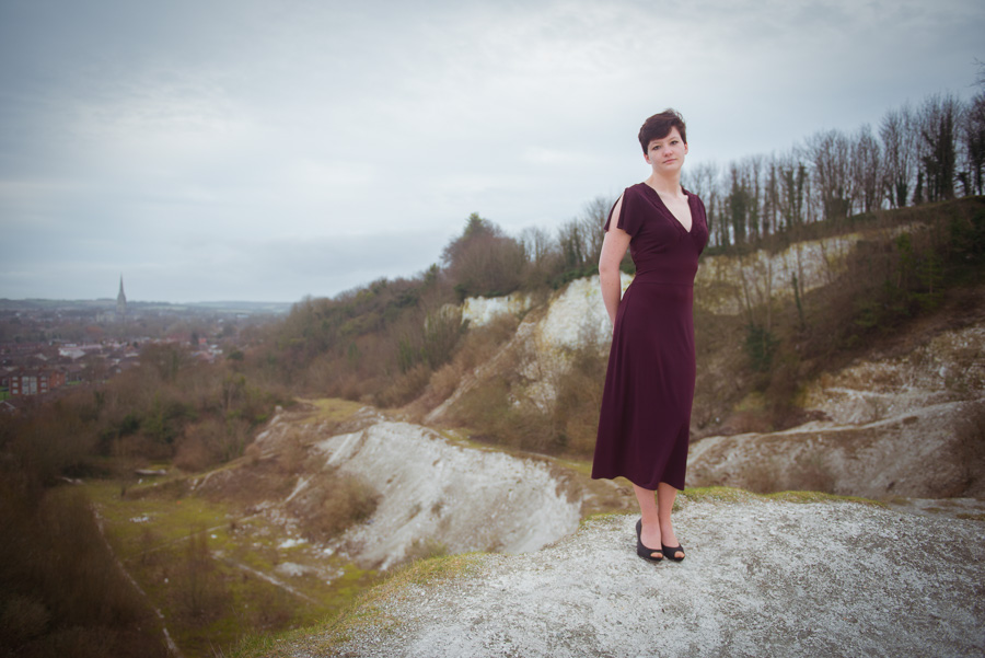 Personal profile photo shoot in Salisbury, Wiltshire. Colour full length portrait with Spire